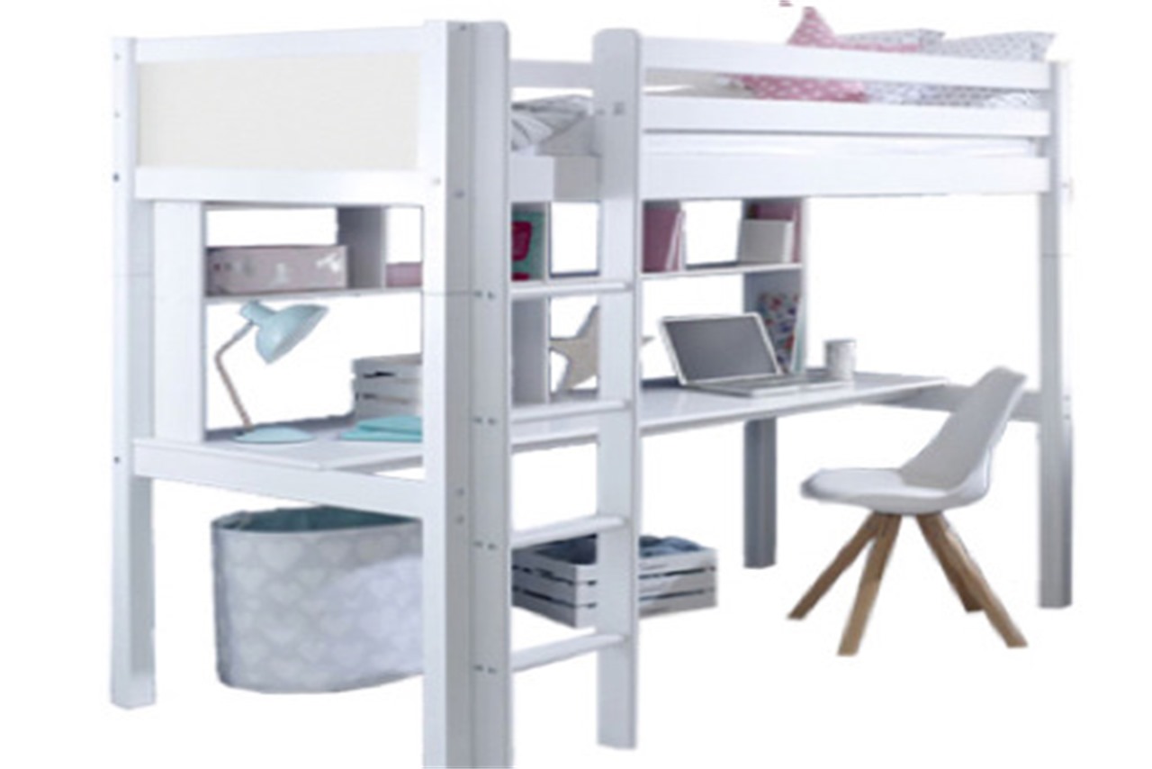 High Bed With Desk Nordic White - White Bed End Panels